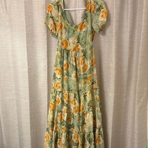 Floral Sage Green Maxi Dress with Yellow Rose Print